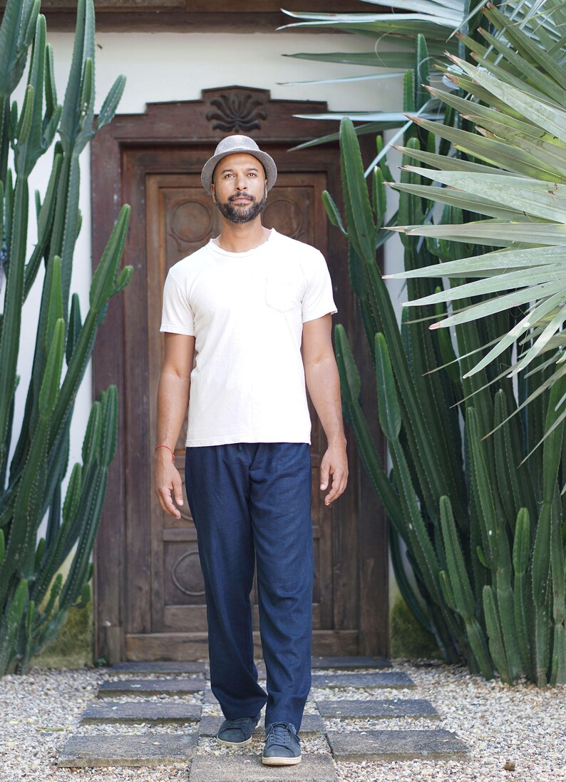 Loose Fit Blue Hemp Pants For Men Drawstring Waist Hemp Pants Etsy