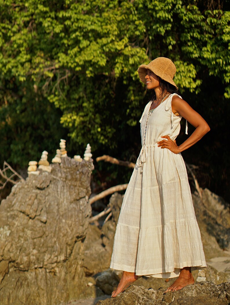 Summer Boho V Neck Jumpsuit Dress Bohemian Elegant Sleeveless Cotton Wide Leg Jumpsuit for Women Loose Fit Stripe Woven Cotton Jumpsuit