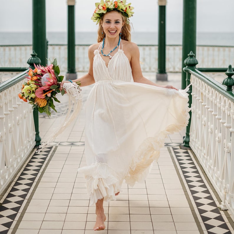 Summer Boho Dress, Ruffle Cotton Bohemian Dress, Sleeveless Boho Dress, Off White Cotton Dress, Strappy Open-Back Maxi Dress image 9