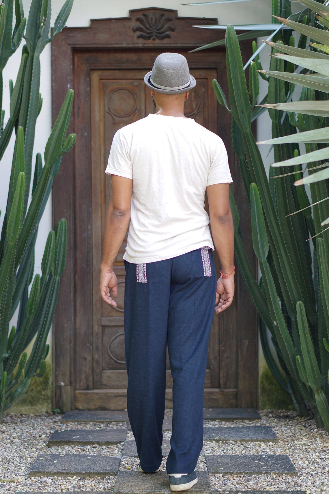 Loose Fit Blue Hemp Pants For Men Drawstring Waist Hemp Pants Etsy
