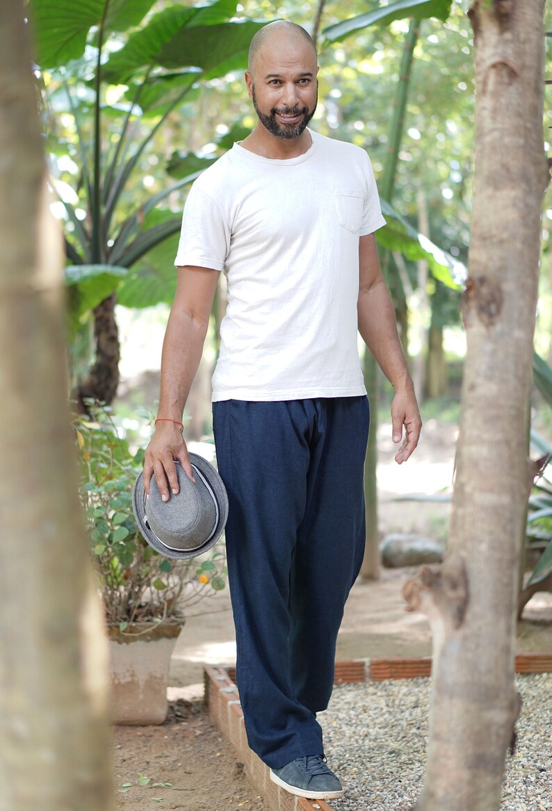 Loose Fit Blue Hemp Pants For Men Drawstring Waist Hemp Pants Etsy