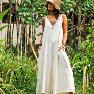 White Cotton Overalls — Loose Summer Jumpsuit, Sleeveless Wide-Leg One-Piece Outfit, Casual Boho Style Women, Pocket Off Minimalist Overall image 5