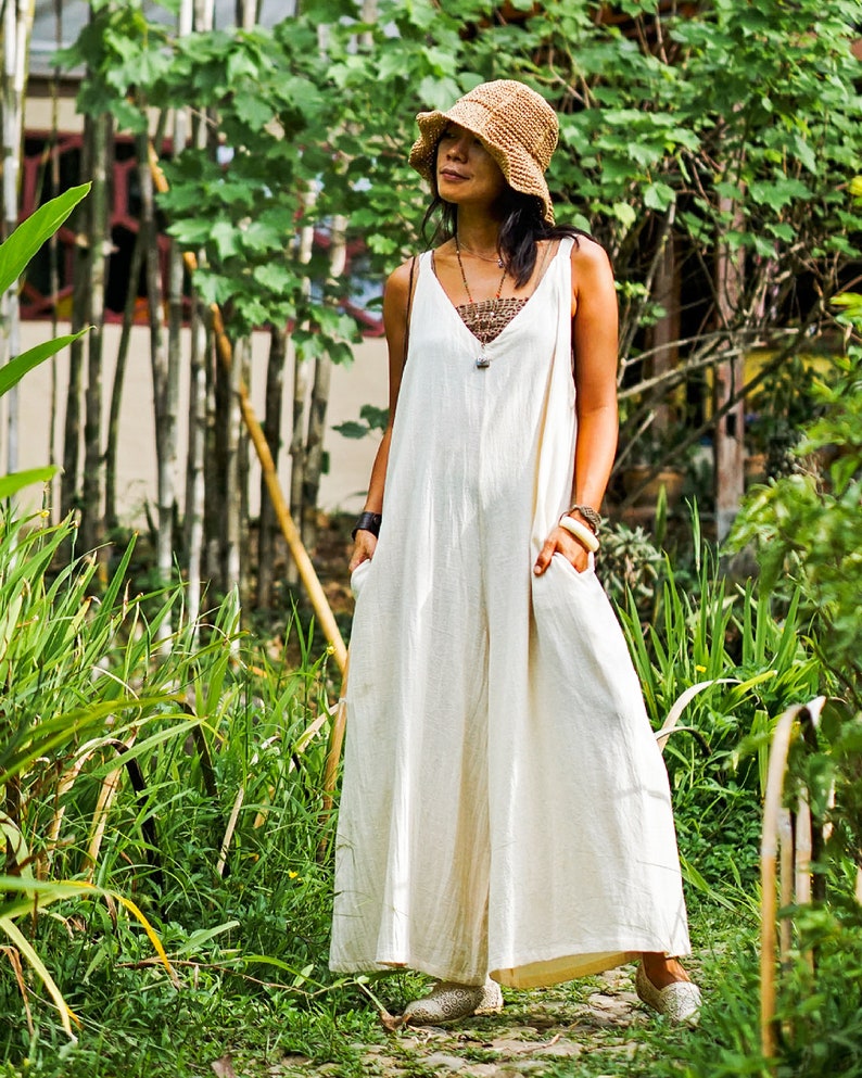 White Cotton Overalls — Loose Summer Jumpsuit, Sleeveless Wide-Leg One-Piece Outfit, Casual Boho Style Women, Pocket Off Minimalist Overall image 5
