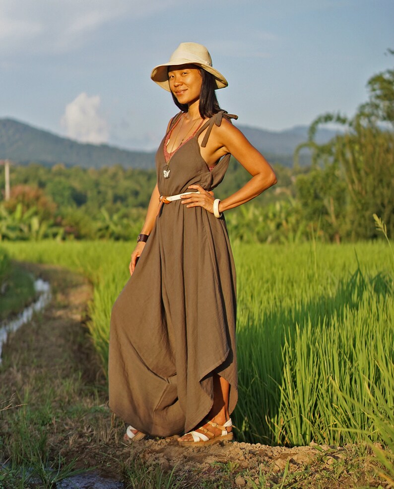 Double Gauze Cotton Sleeveless Jumpsuit for Festival V Front Back Asymmetric Jumpsuit for Summer Brown Oversize Harem Jumpsuit for Women