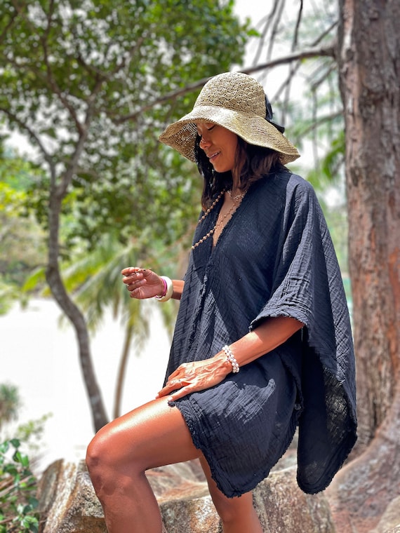 Black Women Kimono, Black Women Cover Up, Black Cotton Cover Up, Black Cotton Kimono, Beach Black Kimono, Beach Black Cover Up, Beach Cover