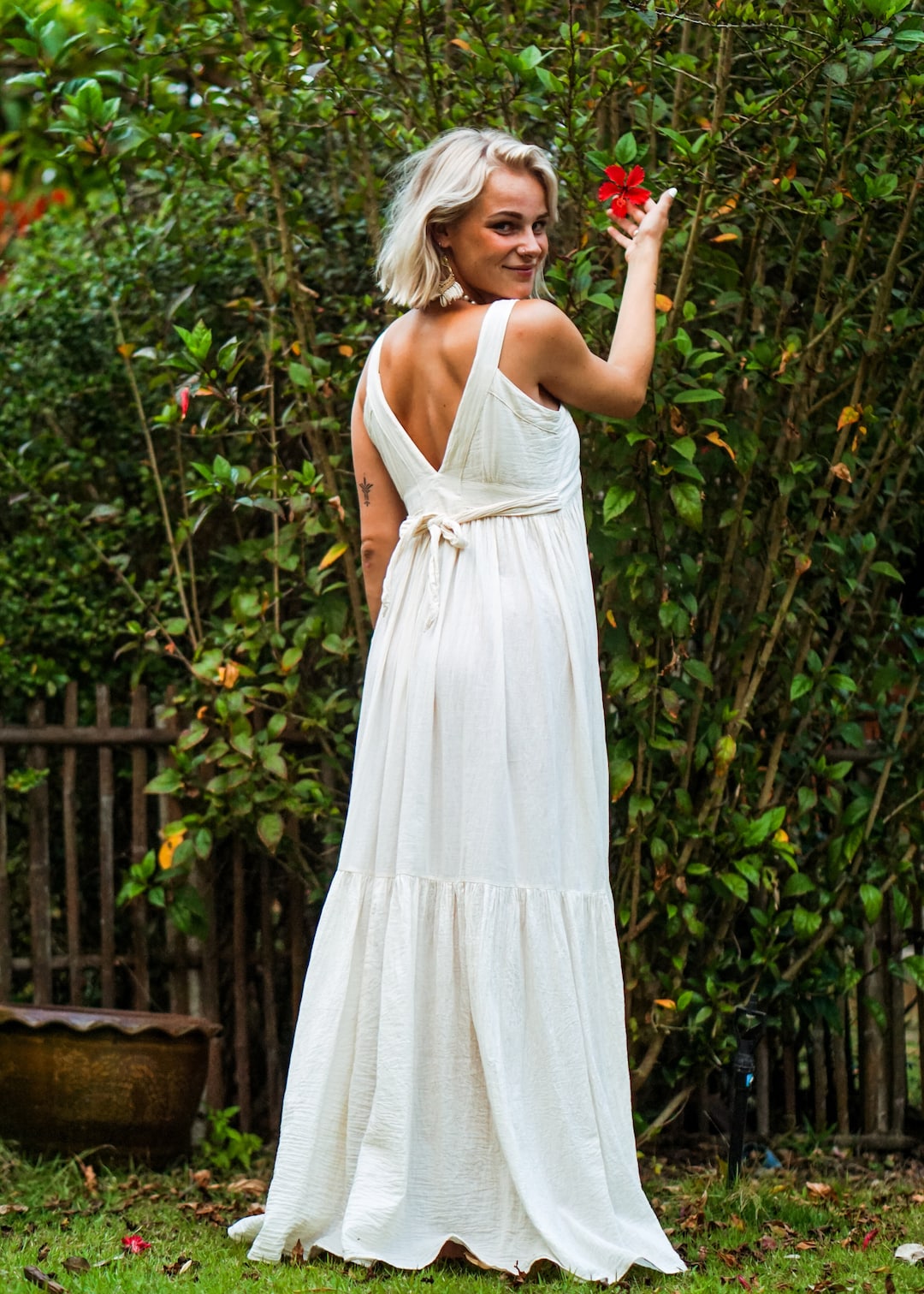 white cotton maxi dress uk White Cotton Ruffle Maxi Dress: Backless Boho Photoshoot Dress / Free  Shipping