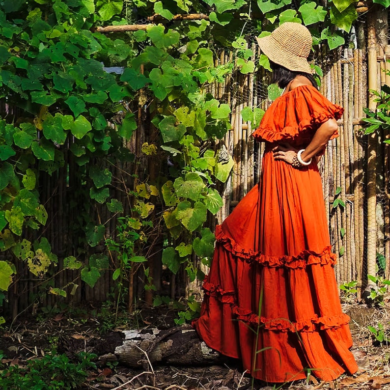 Burnt Orange Dress, Boho Orange Dress, Women Orange Dress, Women Orange Long Dress, Orange Flare Dress, Orange Dress Women, Off Shoulder image 1