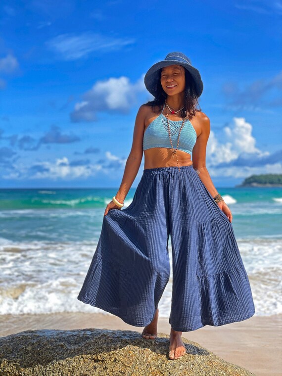 Pantalones Palazzo de algodón de rayas azules para mujeres | Etsy México