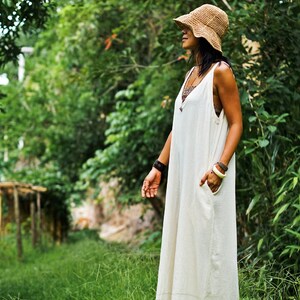 White Cotton Overalls — Loose Summer Jumpsuit, Sleeveless Wide-Leg One-Piece Outfit, Casual Boho Style Women, Pocket Off Minimalist Overall image 9