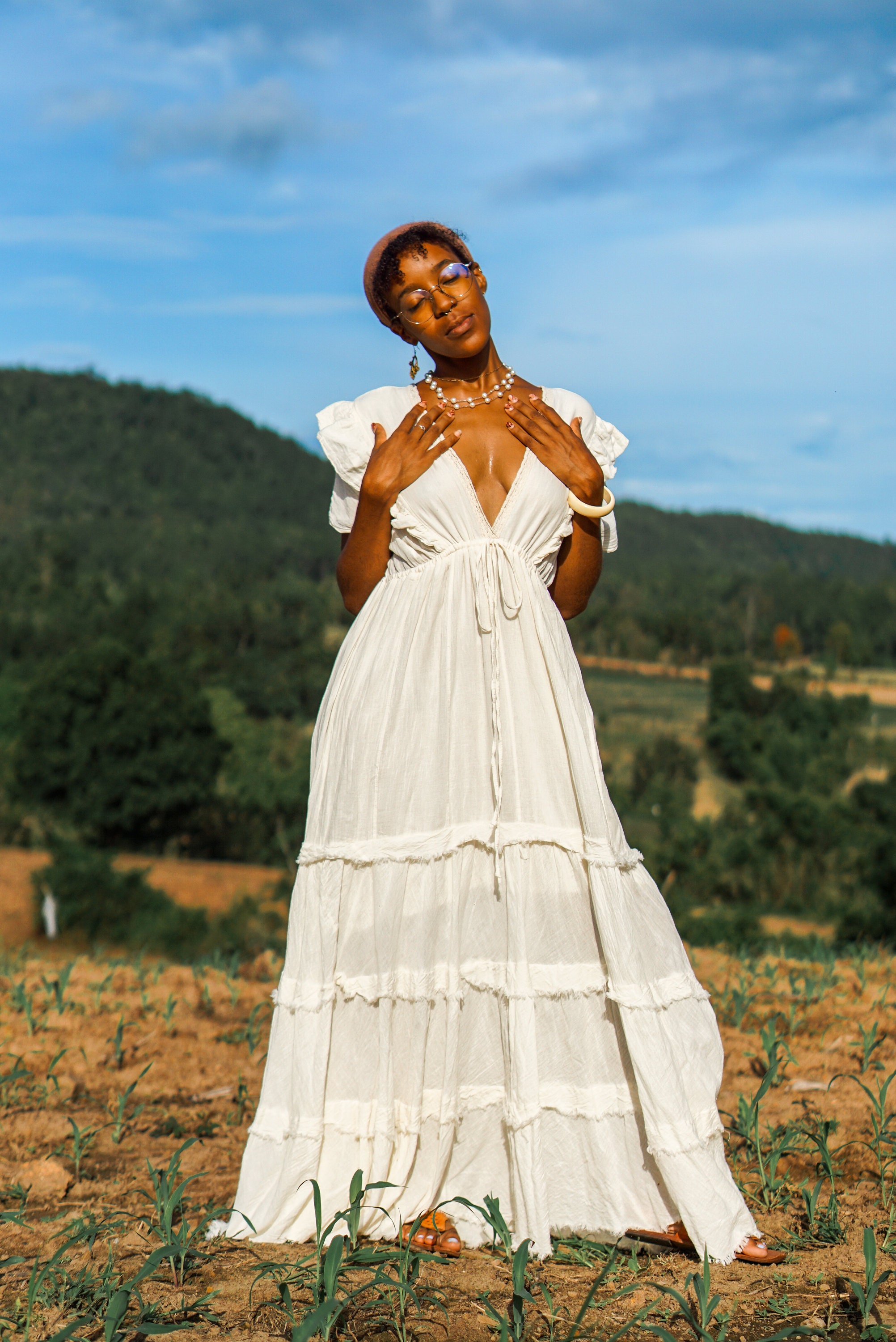 white ruffle long dress Evalyn Tiered Maxi  Shop American Threads Women's Trendy Online Boutique / L ZARA NWT WOMAN SS25 RUFFLED