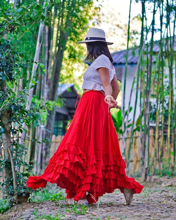 Maxi falda roja de algodón para el verano, falda larga roja con volantes  para mujer, falda de círculo completo de talla grande, falda larga con  volantes de una línea con cordón 