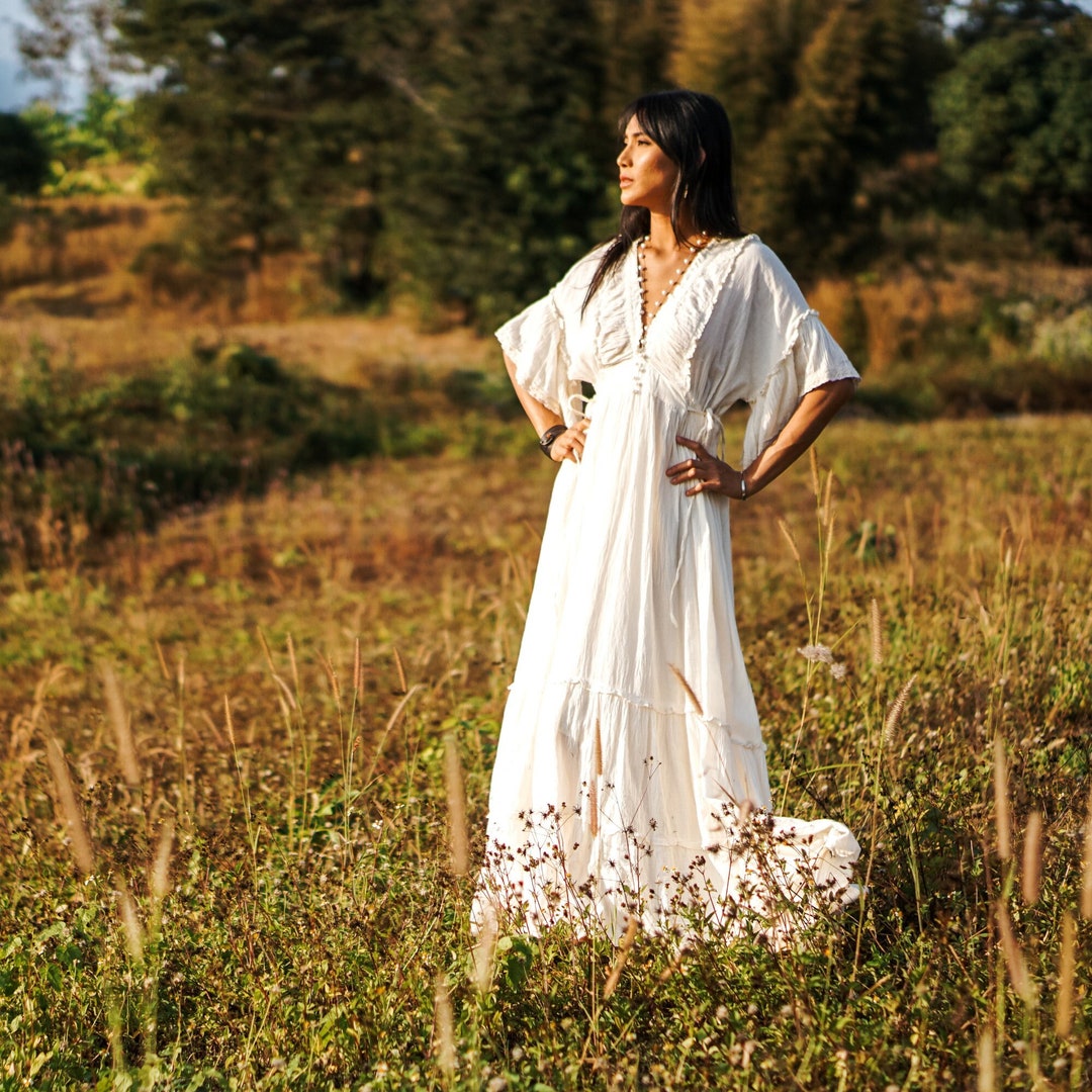 Vintage Peony Maxi Dress For Women – Cotton Boho Dress With Asymmetrical Hem, Raglan Sleeves, Cottagecore Summer Dress - View #6