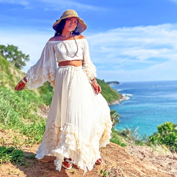 white beach skirt dress Ruffle Maxi -- Boho Wedding Guest Skirt, Cotton Flowy Bridal Skirt, Romantic Photoshoot Outfit Women, Long Festival Skirt romantic appearance
