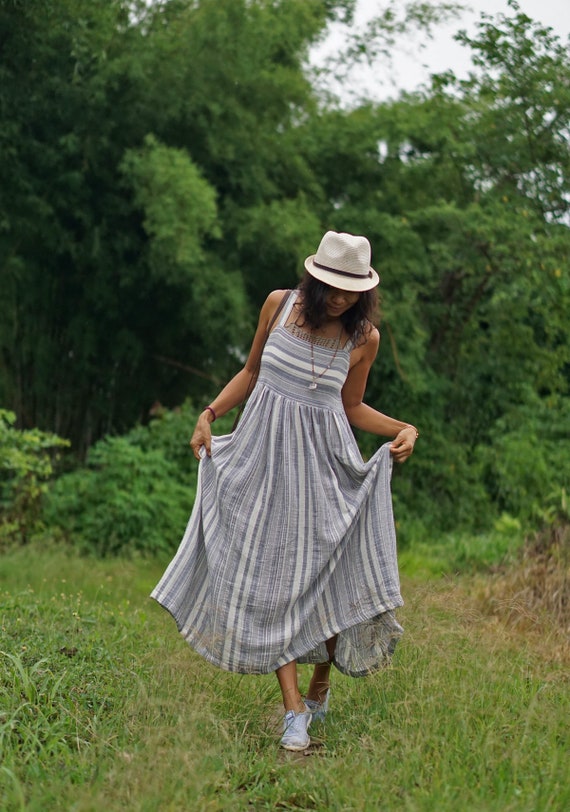 Linen Cotton Fit and Flare Striped Dress for Women Blue and | Etsy