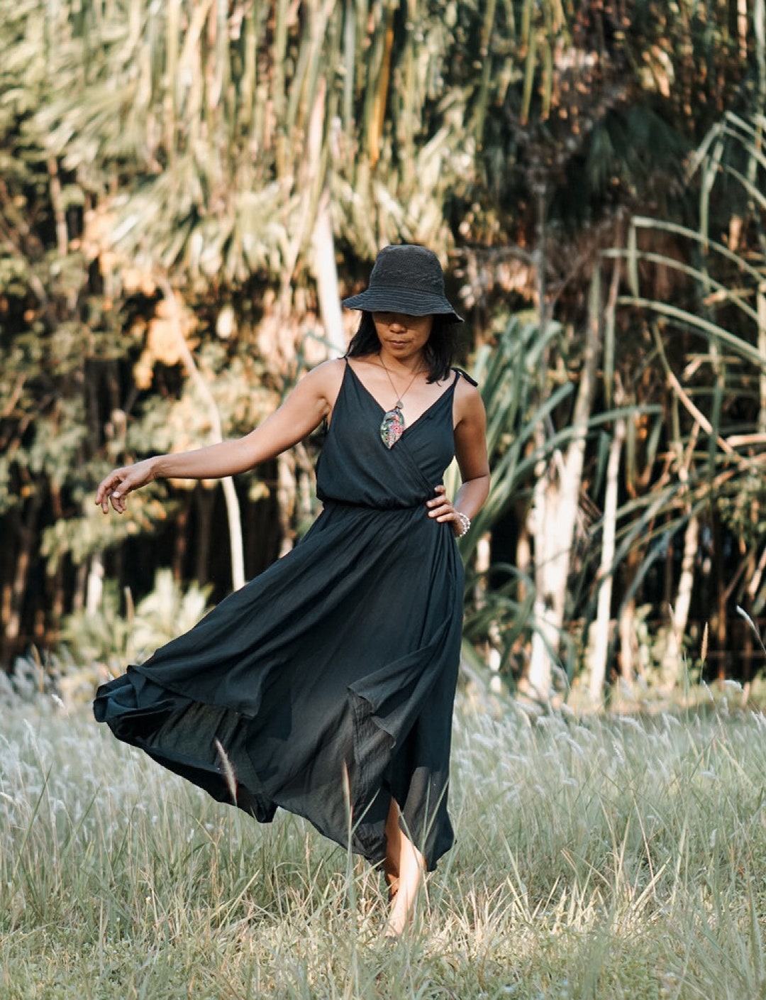 Cotton Black Dress, Long Black Dress, Asymmetric Black Dress, Women