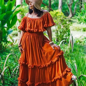 Burnt Orange Dress, Boho Orange Dress, Women Orange Dress, Women Orange Long Dress, Orange Flare Dress, Orange Dress Women, Off Shoulder image 7