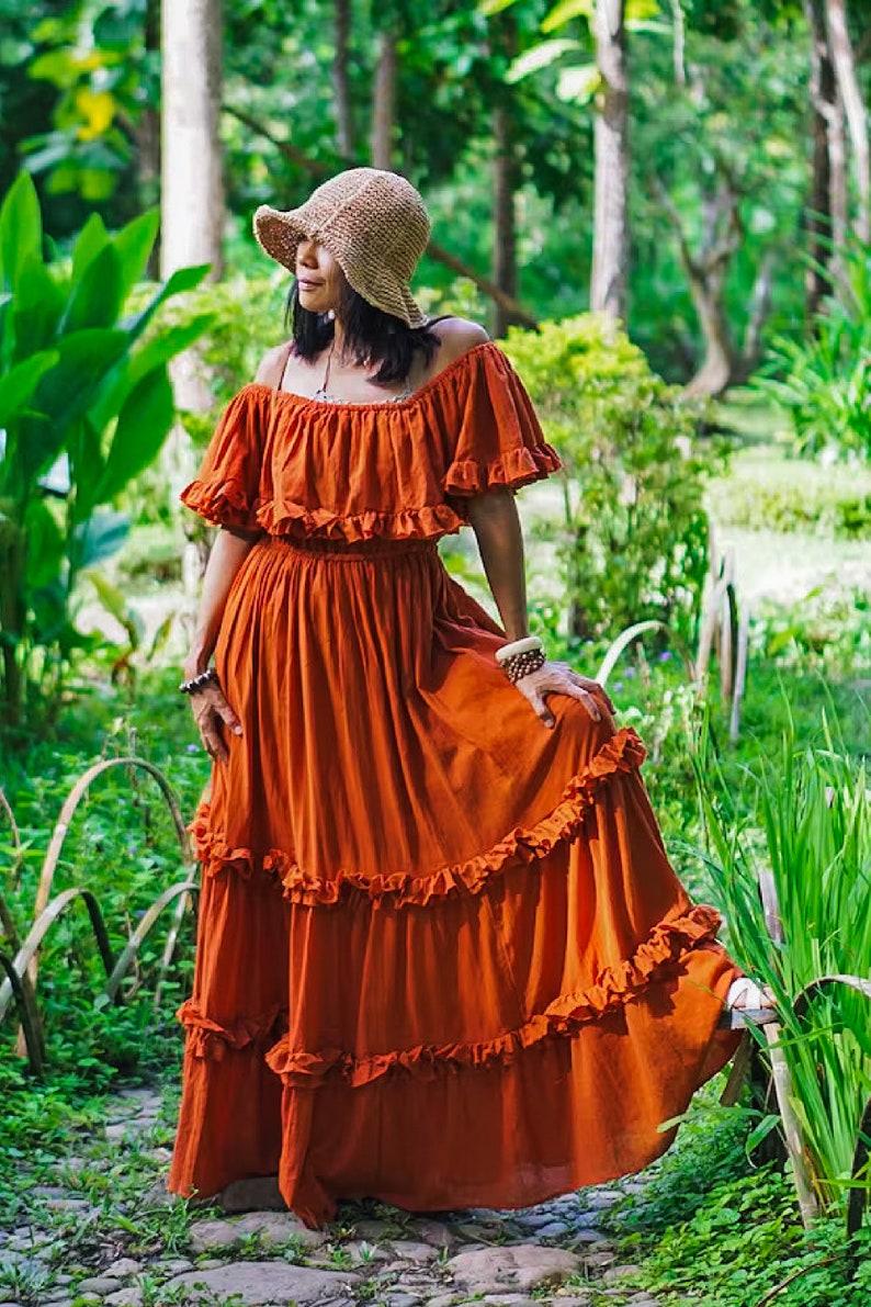 Burnt Orange Dress, Boho Orange Dress, Women Orange Dress, Women Orange Long Dress, Orange Flare Dress, Orange Dress Women, Off Shoulder image 7