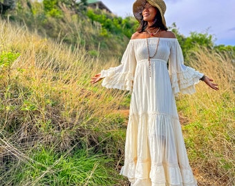 NEW---NO.321 Women's Butterfly Sleeve Square Neck Tiered Lace Detail Maxi  Dress, Bohemian Summer Peasant Dress in Cream - Etsy