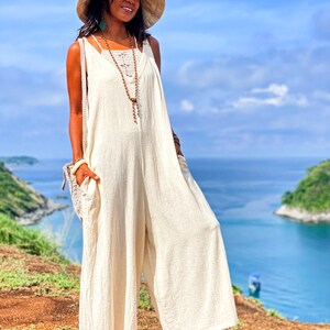 White Cotton Overalls — Loose Summer Jumpsuit, Sleeveless Wide-Leg One-Piece Outfit, Casual Boho Style Women, Pocket Off Minimalist Overall image 4
