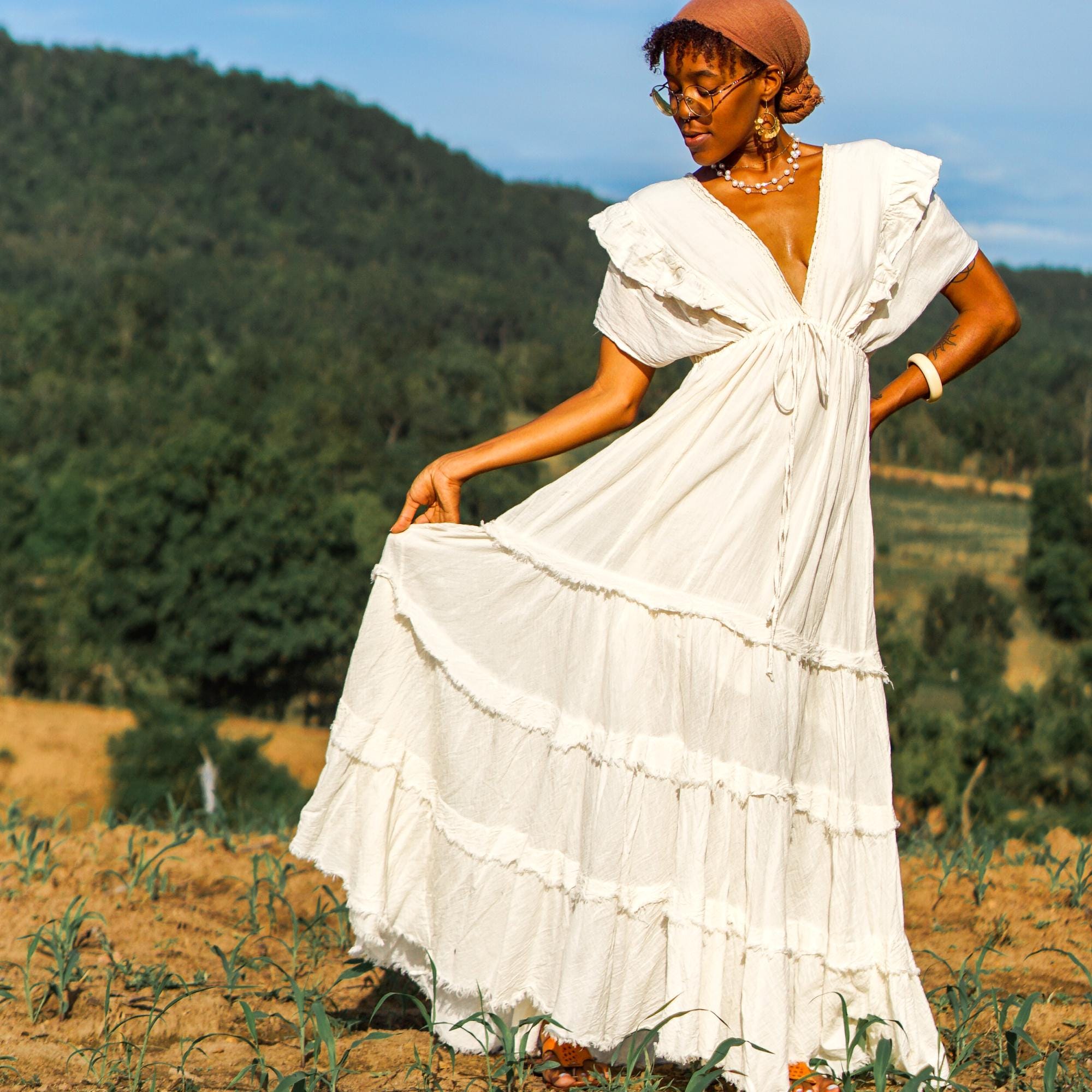 white cotton bohemian dress White Cotton Dress -- Ruffle Long Boho Dress, Breathable Summer Maxi, Beach Vacation Outfit, V-neck Maxi Bohemian Dress, Wedding Guest Dress