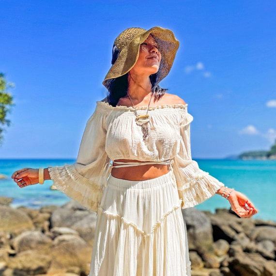 トップス bohemian seoul LAYERED OFF-SHOULDER TOP White Cotton Boho Crop Top, Long Sleeves Ruffle Top, Bell Sleeves