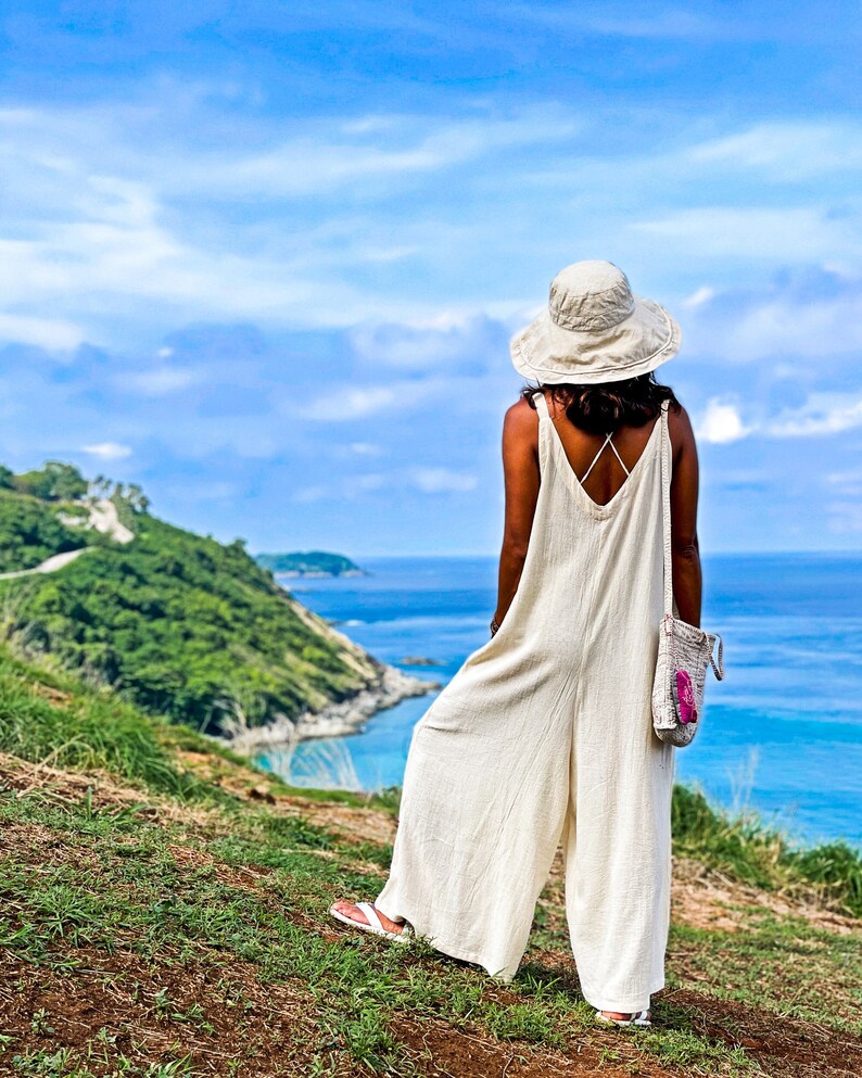 White Cotton Overalls — Loose Summer Jumpsuit, Sleeveless Wide-Leg One-Piece Outfit, Casual Boho Style Women, Pocket Off Minimalist Overall image 2
