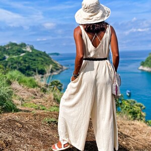 White Cotton Overalls — Loose Summer Jumpsuit, Sleeveless Wide-Leg One-Piece Outfit, Casual Boho Style Women, Pocket Off Minimalist Overall image 8