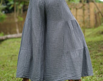 Loose Fit Striped Wide Leg Pants for Women, Loose Wide Summer Pants with Black Stripes, Plus Size Cotton Flare Pants, Elastic Waist Pants