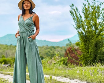 Wide Leg Jumpsuit, Wide Jumpsuit, Loose Jumpsuit, Elegant Jumpsuit, Romper, Green Jumpsuit, Pocket Jumpsuit, 100% Cotton Jumpsuit, Jumpsuit