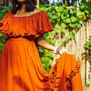 Burnt Orange Dress, Boho Orange Dress, Women Orange Dress, Women Orange Long Dress, Orange Flare Dress, Orange Dress Women, Off Shoulder image 8