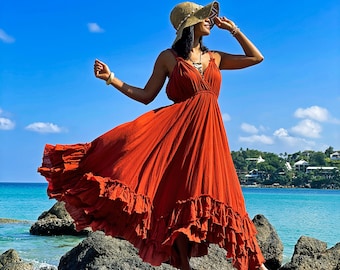 Women Orange Dress, Orange Cotton Dress, Burnt Orange Dress, Maxi Orange Dress, Long Orange Dress, Ruffle Orange Dress, Summer Orange Dress