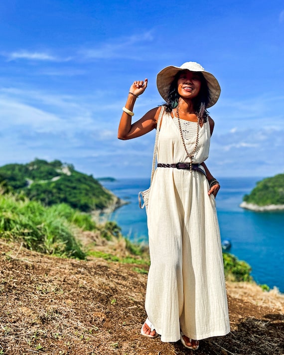 White Cotton Overalls — Loose Summer Jumpsuit, Sleeveless Wide-Leg One-Piece Outfit, Casual Boho Style Women, Pocket Off Minimalist Overall