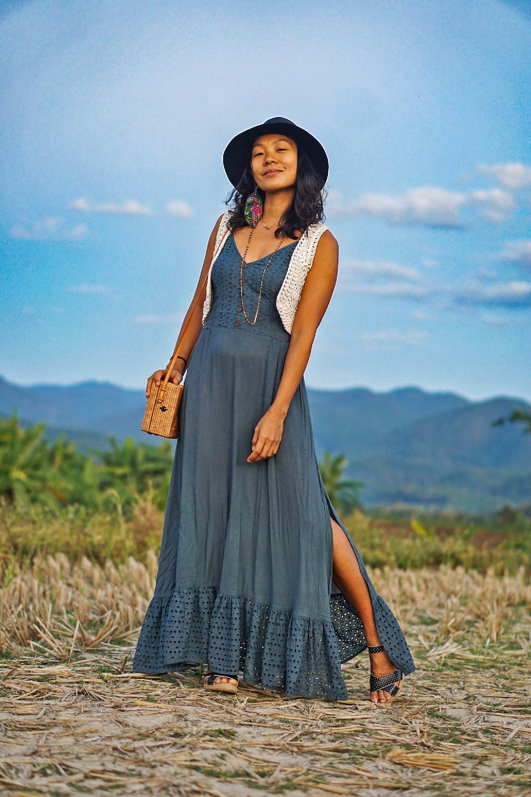 Blue Gray Dress, Long Summer Dress, Long Cotton Dress, Maxi Cotton