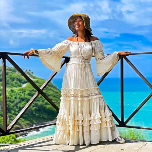 bohemian off shoulder maxi dress Bohemian Off-shoulder Wedding Dress, Ruffle Sleeve Raw Cotton Maxi