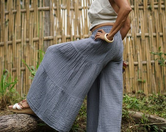 Loose Fit Striped Wide Leg Pants for Women, Loose Wide Summer Pants with Black Stripes, Plus Size Cotton Flare Pants, Elastic Waist Pants
