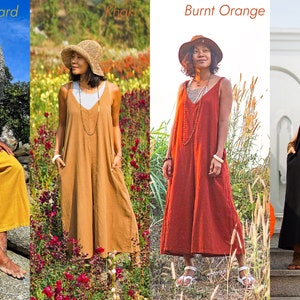May include: Four women wearing wide-leg, sleeveless jumpsuits in different colors: mustard yellow, khaki, burnt orange, and black. Each woman is wearing a hat and a necklace.