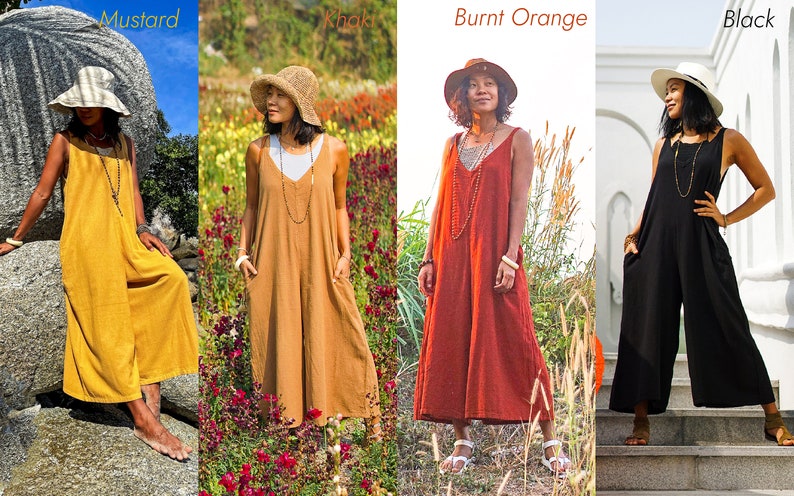 May include: Four women wearing wide-leg, sleeveless jumpsuits in different colors: mustard yellow, khaki, burnt orange, and black. Each woman is wearing a hat and a necklace.