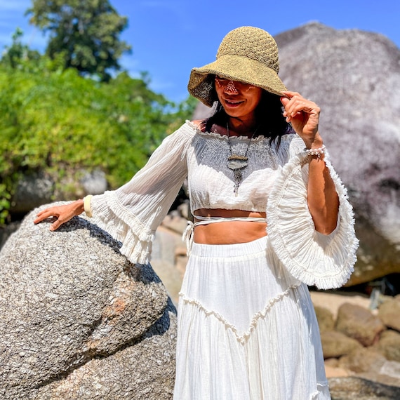 White Cotton Boho Crop Top, Long Sleeves Ruffle Top, Bell Sleeves