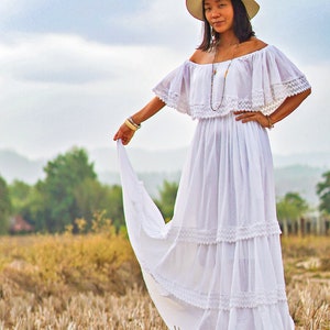 Maxi Bohemian White Tiered Dress With Lace Trim, Elegant and Breathable ...