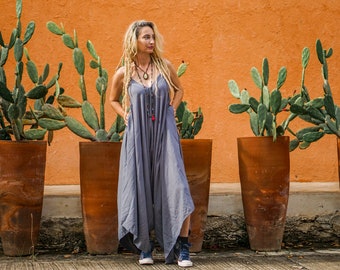 Cotton Summer Romper: Wide Leg Grey Jumpsuit / Free Shipping