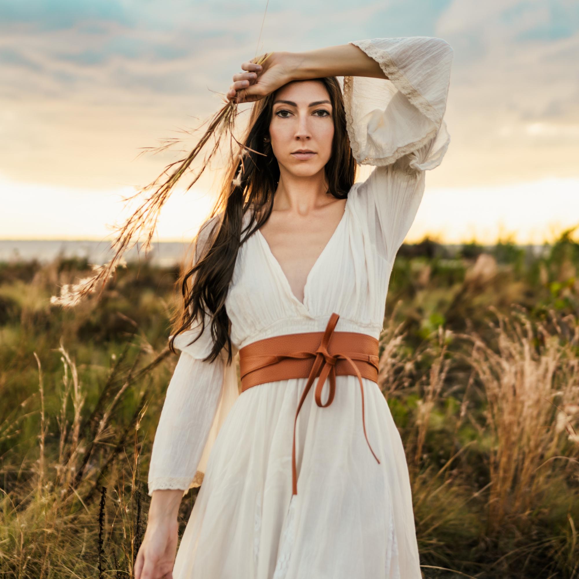 white dress brown belt Natural Cotton Boho Maxi — Long Spring Lace Dress, V-neck Feminine Summer Dress, Lightweight Travel Dress, Boho Wedding Guest thin brown belt for white dress
