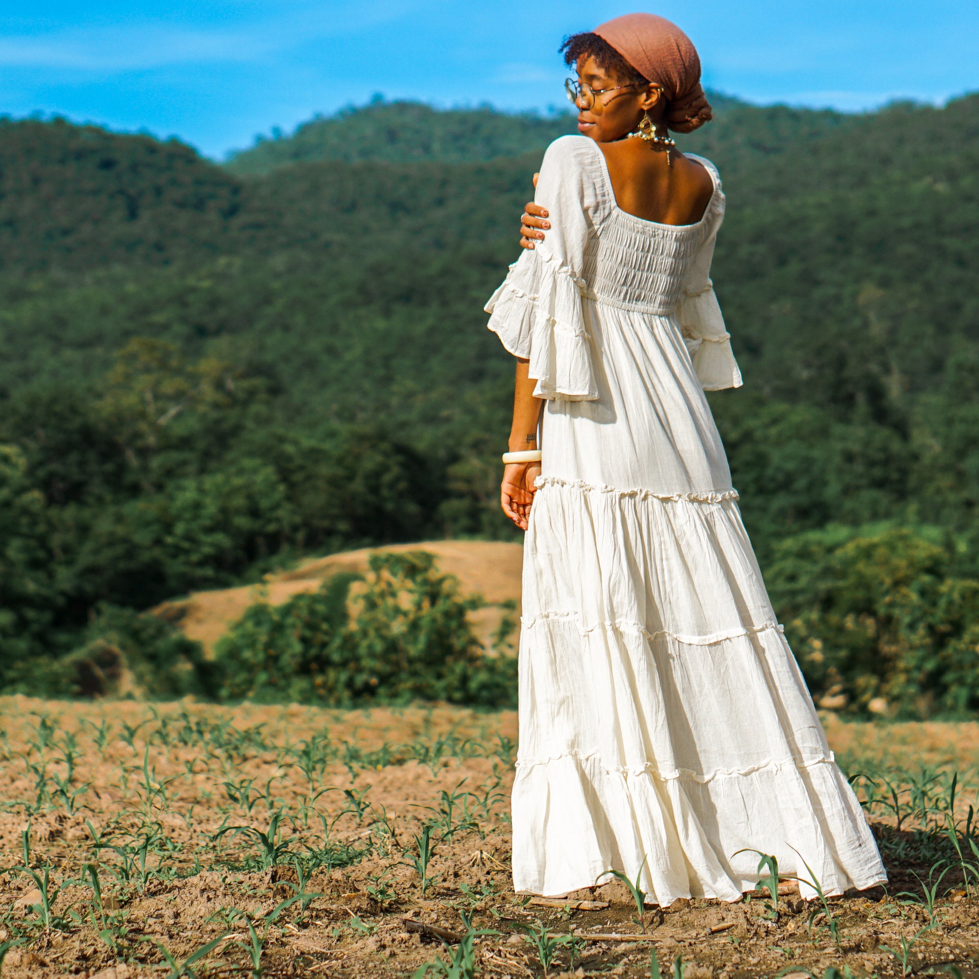 Long Bell Sleeves Dress, Cotton Bohemian Maxi Dress, Summer Cotton Maxi Dress, Lace-Up Angel Sleeves Dress, Women Sleeveless Maxi Dress