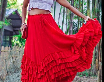 Maxi Red Cotton Skirt for Summer, Long Ruffle Red Skirt for Women, Plus  Size Full Circle Skirt, Long A Line Ruffle Skirt with Drawstring