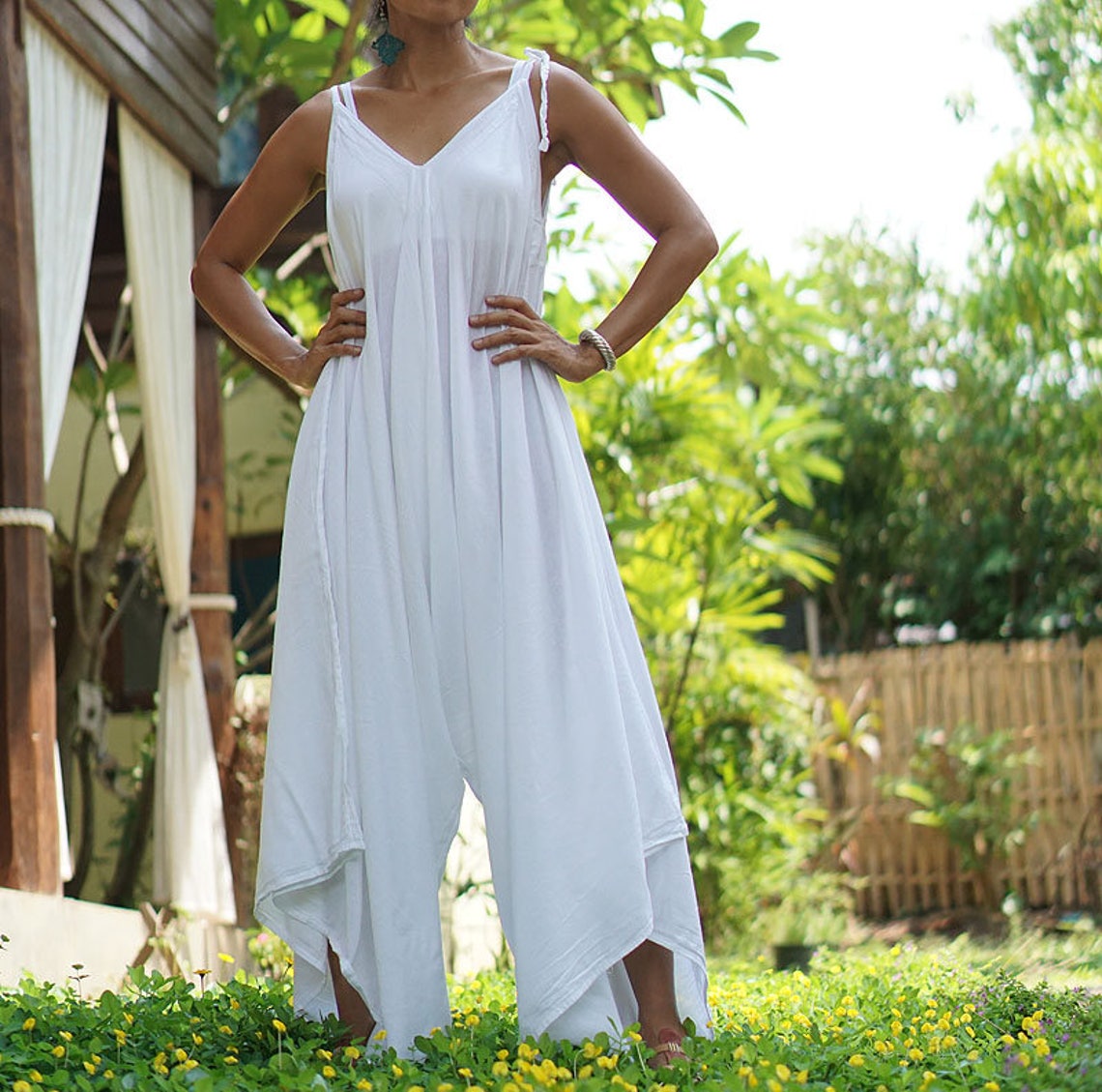 White Boho Jumpsuit Maxi Bohemian Jumpsuit Kundalini Yoga Etsy