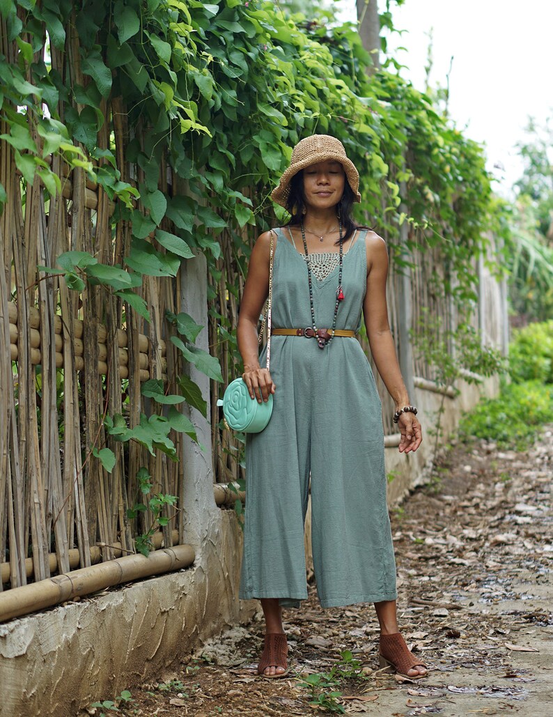 Minimalist Green Cotton Jumpsuit with Skinny Strap Loose Fit Etsy