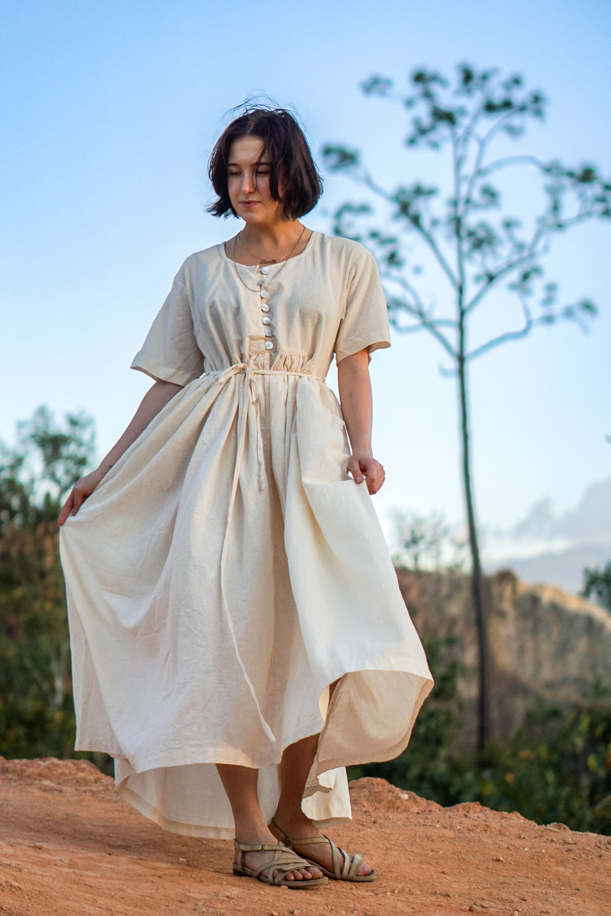 womens cotton empire waist dress Peach Cotton Flax Deep-V Neck Empire Waist Maxi Dress 68" / Petite (5'1" and below)
