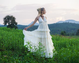 Vestido largo de algodón blanco con volantes, vestido largo de algodón para mujer, vestido de novia económico, vestido de novia bohemio con espalda descubierta y volantes / Envío gratis
