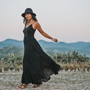 Black Maxi Dress — Cotton Lace Evening Dress, Flowy Elegant Long Dress, Simple Chic Night Outfit Women, Black Vacation Flare Maxi Dress