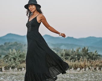 Black Maxi Dress — Cotton Lace Evening Dress, Flowy Elegant Long Dress, Simple Chic Night Outfit Women, Black Vacation Flare Maxi Dress