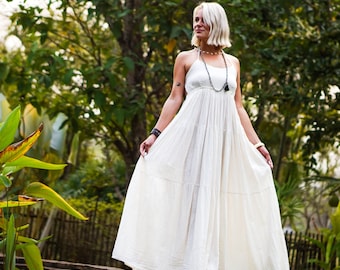 Langes böhmisches Kleid, Maxi-Boho-Kleid, langes weißes Kleid, offenes Trägerkleid, weißes Sommerkleid, böhmisches Maxikleid, Baumwollkleid